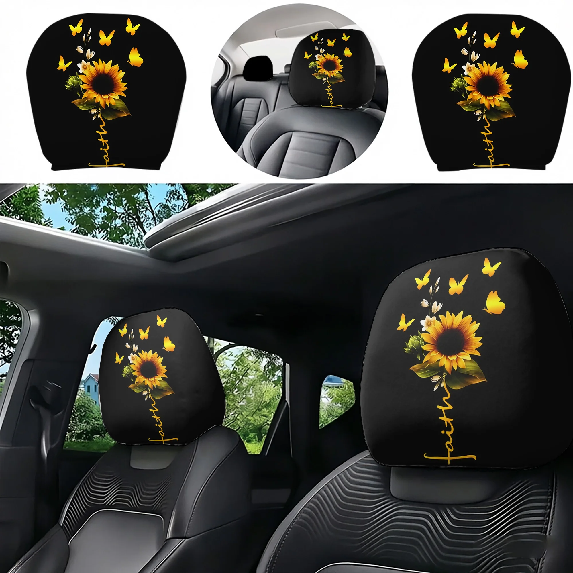 2pcs car headrest covers with a sunflower and butterfly print, adding a splash of vibrant color to your car’s interior. Does not