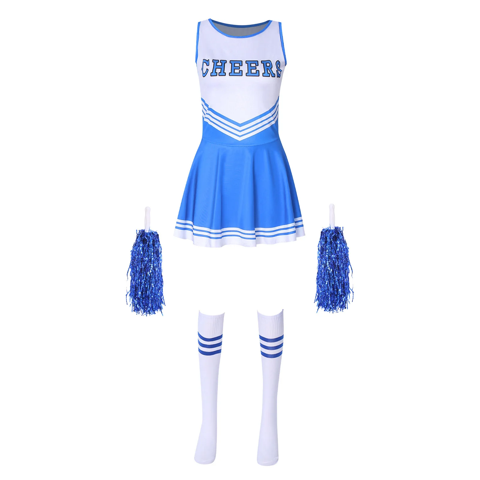 

Women Cheerleading Uniform Schoolgirl Role Play Costume Outfit Letter Print Sleeveless Dress with Socks Cheering Flower Dancwear