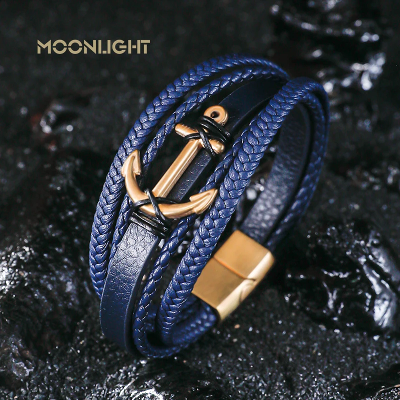 Fashion Stainless Steel Golden Ship\'s Anchor Bracelet Charm Men Leather Bracelet Braided Punk Rock Bangles Jewelry Accessories