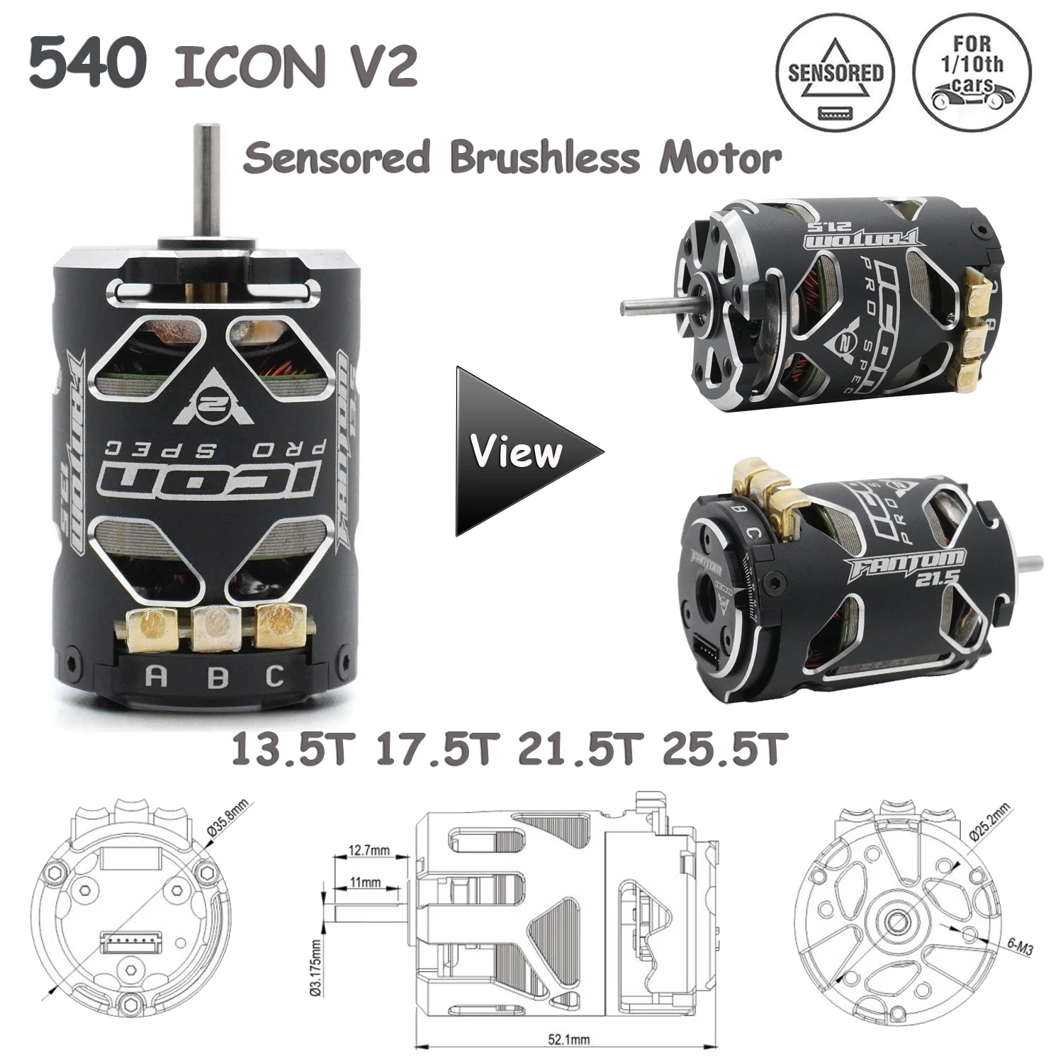 ICON 540 V2 13.5T 17.5T 21.5T 25.5T RC Sensored Brushless Motor SPEC 3.175 Shaft for 1:10 Scale off-road on-road Drift RC Cars