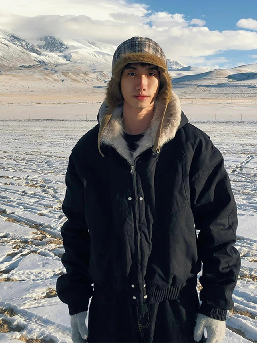 

Утепленная хлопковая куртка с меховым воротником для мужчин, зимняя теплая, плотная, с капюшоном, в американском рабочем стиле, Cleanfit, на молнии