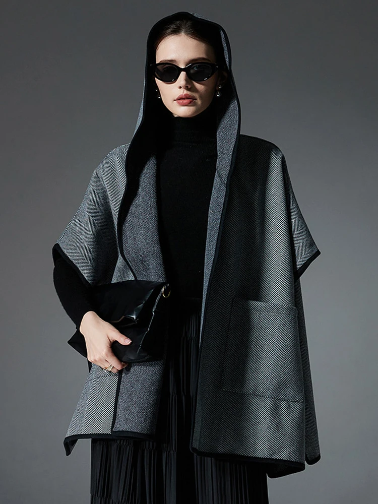 

Женская мода, элегантное многослойное пончо, кардиганы с капюшоном, повседневная шаль с запахом, шарф с карманами, свободный плащ, женское зимнее пальто