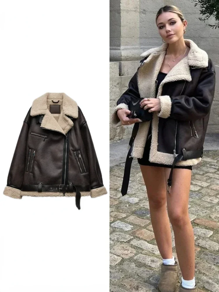 Sigutan Winter New Fashion Thick Warm Faux Shearling Jacket Women Coat Vintage Long Sleeve Belt Hem Female Outerwear Chic Tops