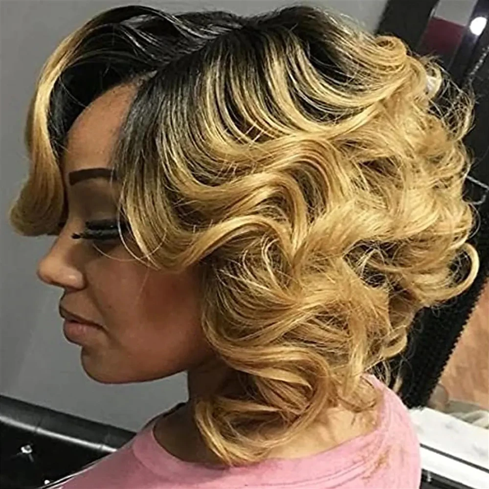 

12 Inch Natural Synthetic Wigs for Women Short Black Gradient Gold Wig Heat Resistant Hair For Daily Use Festival Ball Halloween