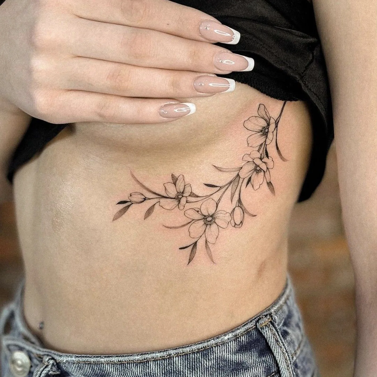 

Fine Line Cherry Blossom Vine Tattoo Sticker Temporary Tattoo, Minimalist Fresh Waterproof Realistic Tattoo Sticker for Wa