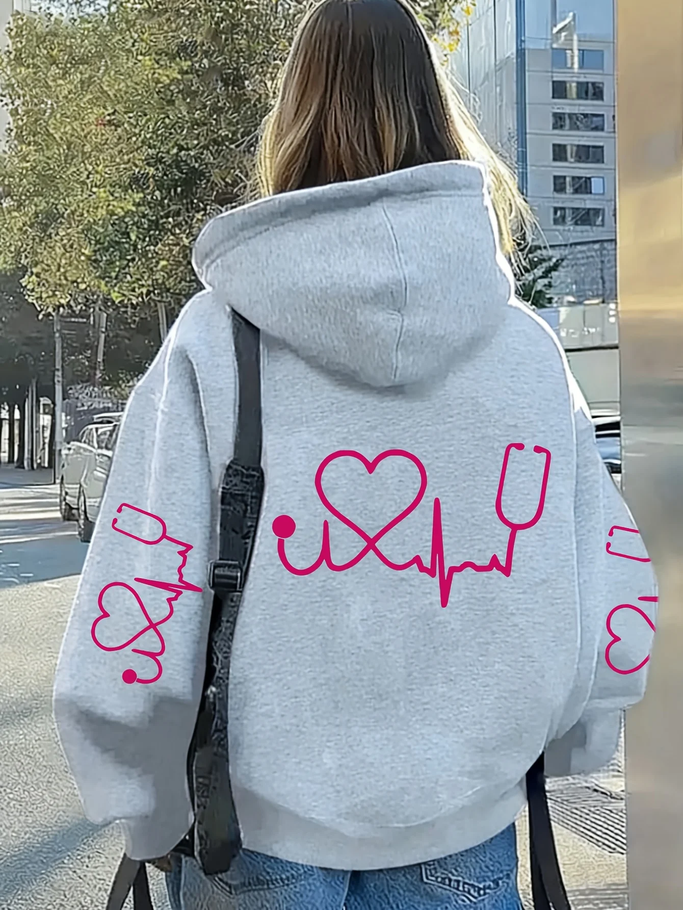 Women Hooded Sweatshirt Loose Nurse Heartbeat Stethoscope Print Hoodie Casual Streetwear Daily Outfit
