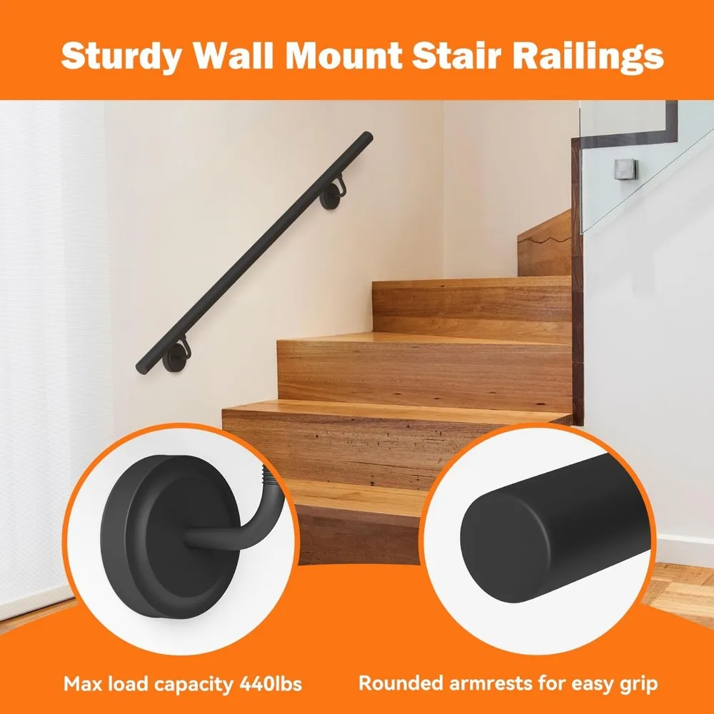 درابزين درج معدني صناعي، درابزين أنبوبي دائري للخطوات الداخلية والخارجية، دعم مثبت على الحائط للدرج، مناسب