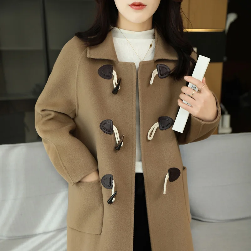 Ladies' 100% cashmere thick double-sided long jacket, classic and multifunctional, fashionable and suitable for business and lei