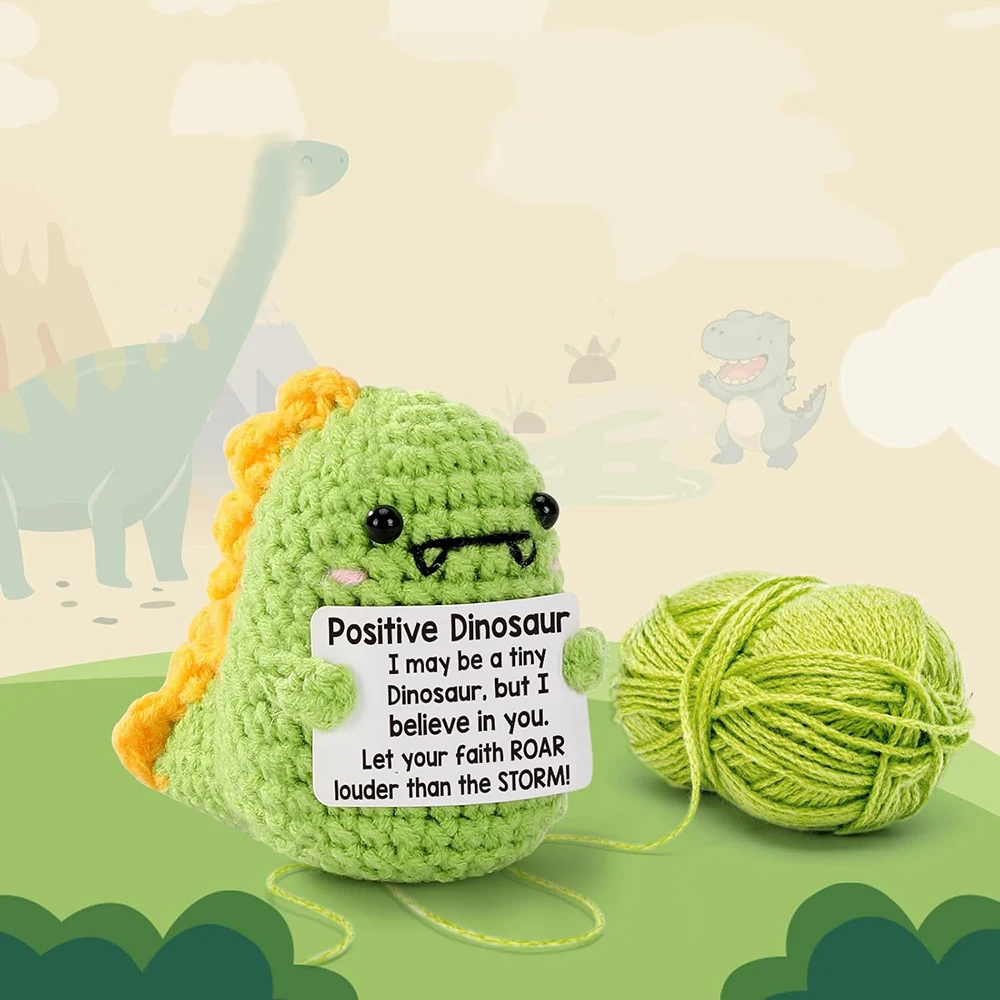 Crochet Positive Energy Dinosaur Doll with Encouraging Card Home Room Decoration Handmade Knitted Dinosaur Dolls Christmas Gift