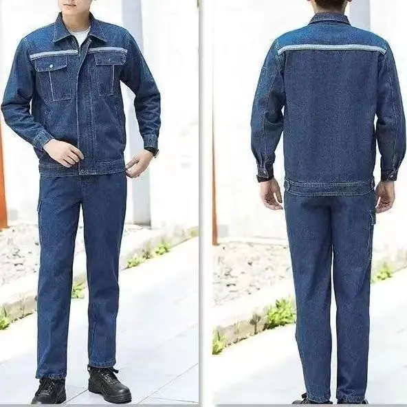 Thiened デニム作業服保護スーツ溶接純綿耐火性火傷防止耐摩耗性スリムフィットスタンド...