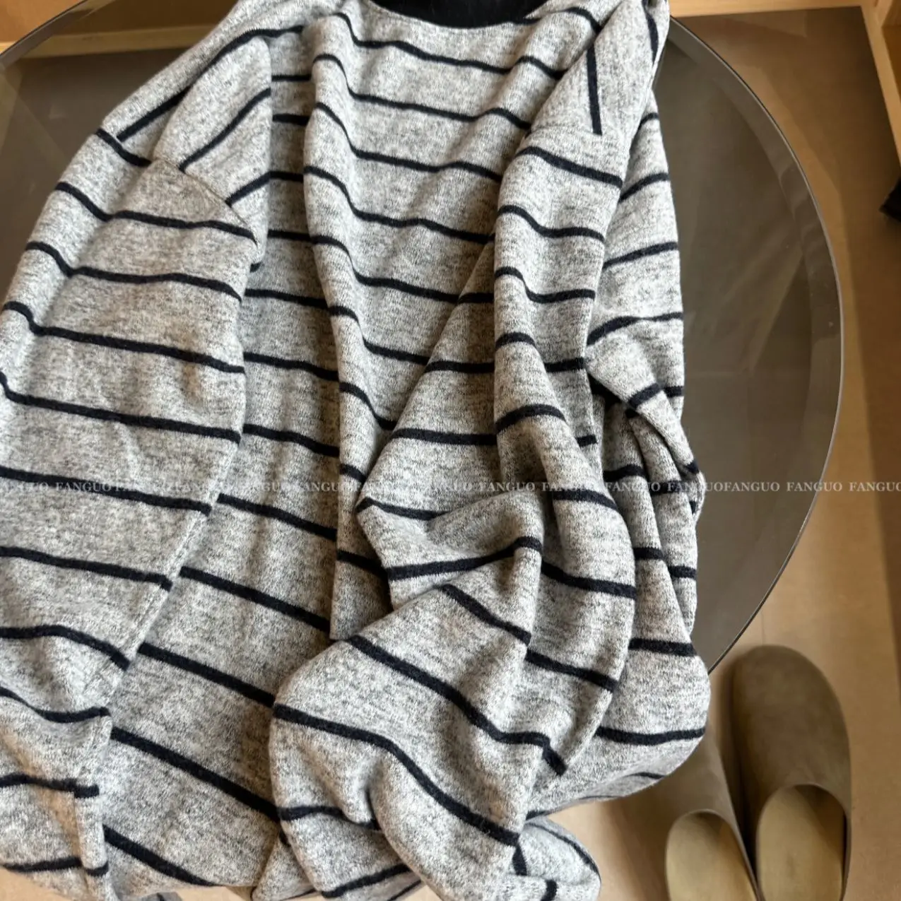 Korean Style plus Size Striped Long Sleeve Flocking Base T-Shirt New Autumn Winter Loose Fit Slimming Top Comfortable Polyest...