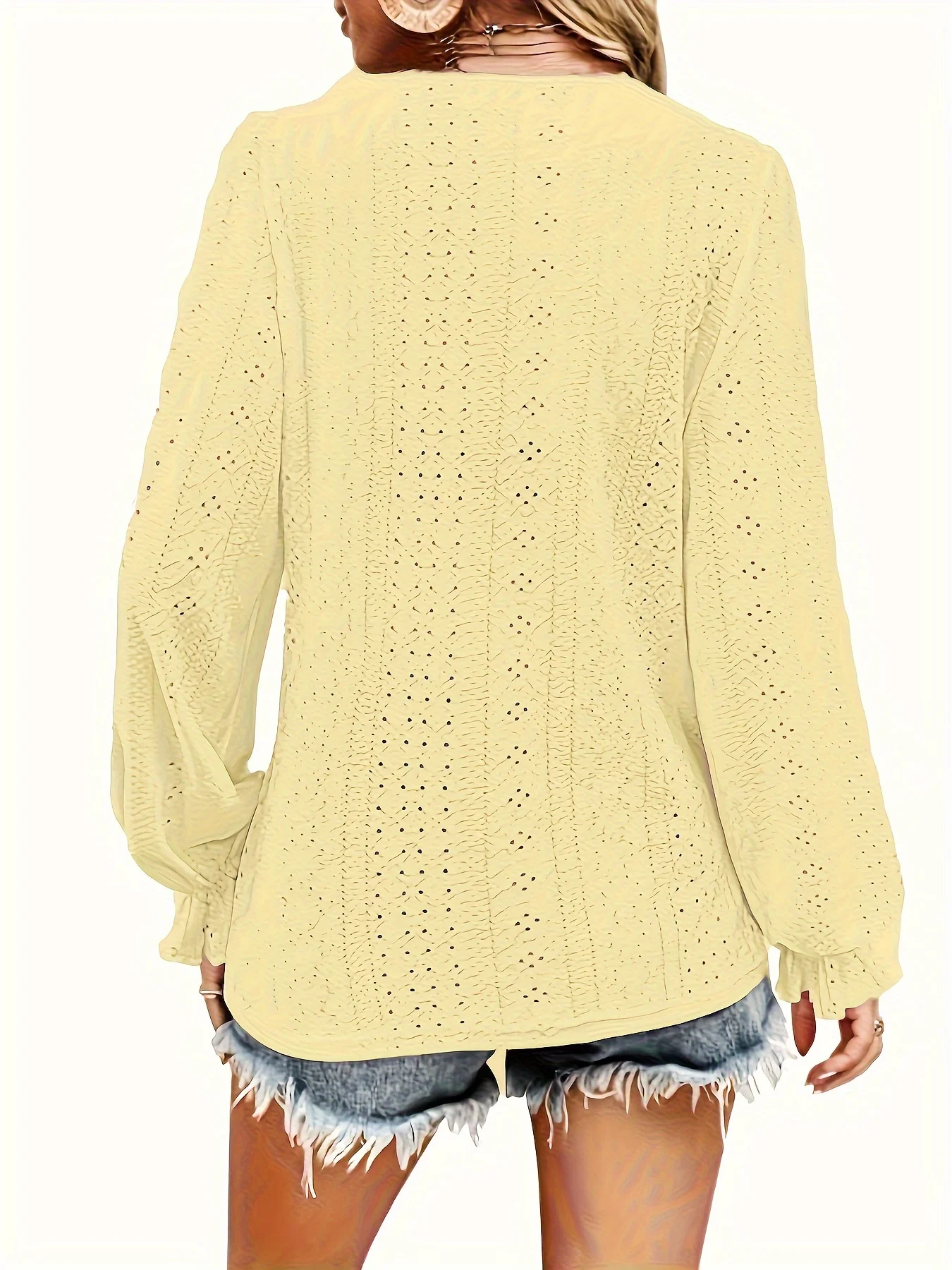 Plus Size T-Shirt mit Ösenknopf-Dekor, lässiges V-Ausschnitt-Langarm-Top für Frühling und Herbst, Damen-Kleidung in Übergröße – Detail 21