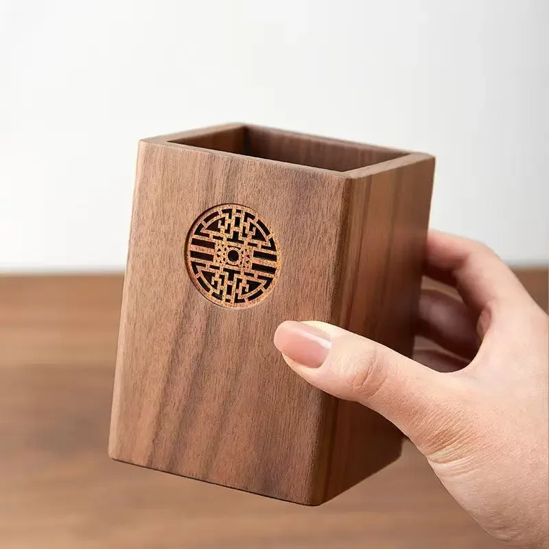 1Pcs Solid Wood Multifunctional Pen Holder Retro Desktop Organizer with Engraving Office Storage Box for Pencils Phone Stand