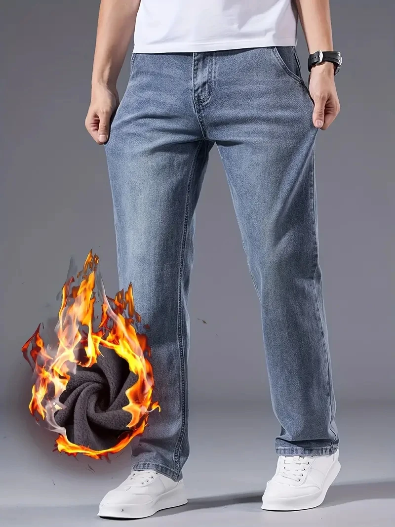 Jeans casual da lavoro elasticizzati spessi foderati in pile caldo invernale da uomo Pantaloni leggeri per ufficio e abbigliamento quotidiano