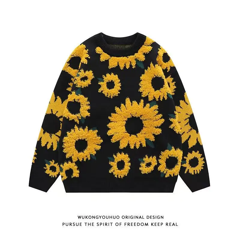 Harajuku New Mens Sweater Sunflower Flocked Round Neck Oversized Sweater Men Ins Style Loose Casual Couple Knitted Pullover Tops