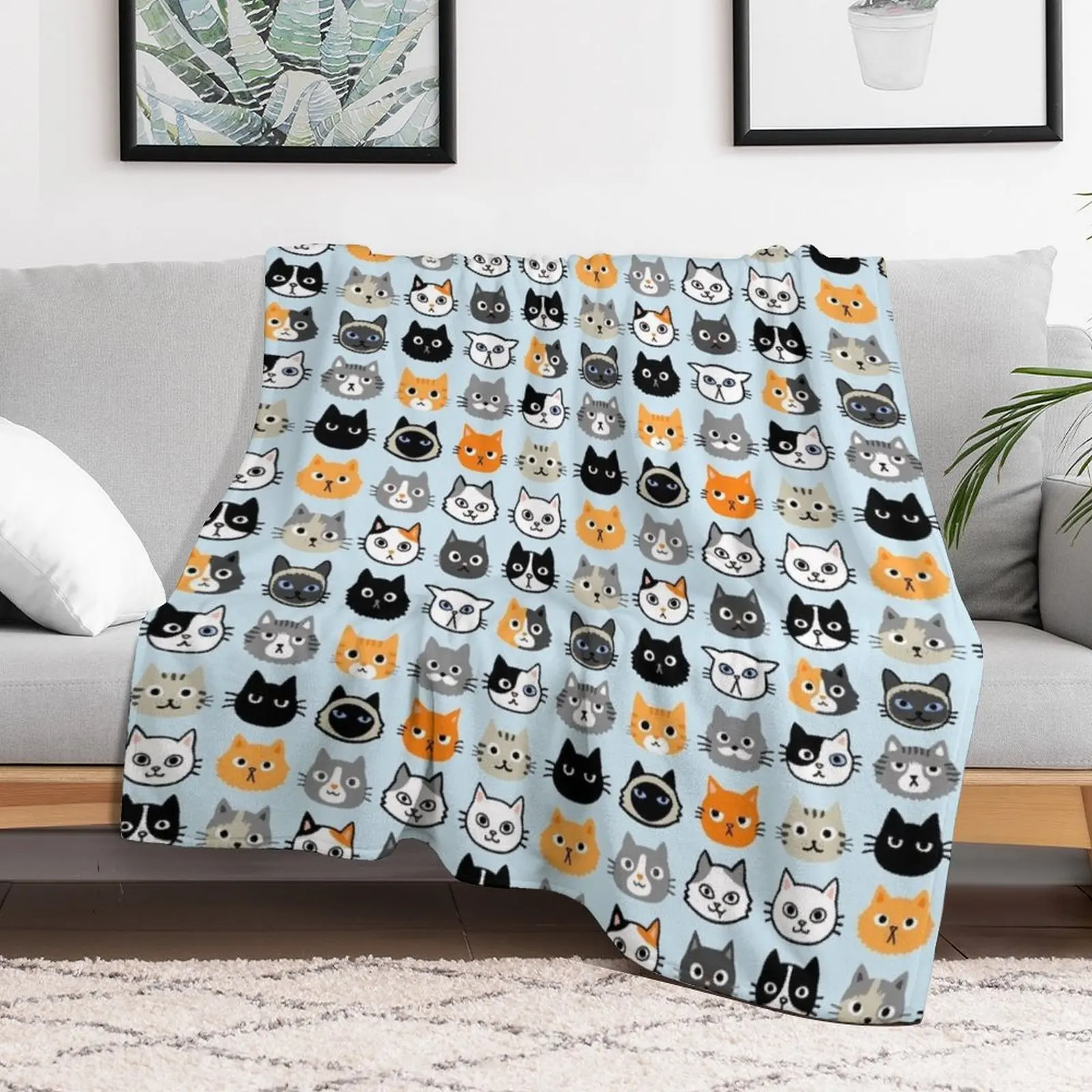 Assorted Cat Faces Cute Quirky Kitty Cat Drawings Throw Blanket Decorative Sofa Luxury St Furrys Luxury Throw Blankets