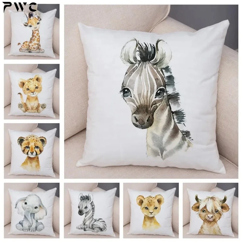 Watercolor Cute Animal Cushion Cover Sofa Home Decor Zebra Giraffe Hippo Monkey Lion Fox Pillowcase Pillowcase