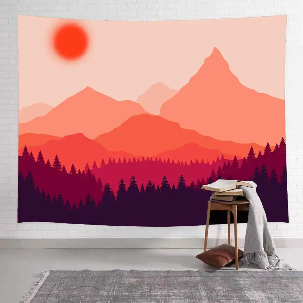 Mountain Red Sun Tapestry Forest Trees Natural Landscape Wal