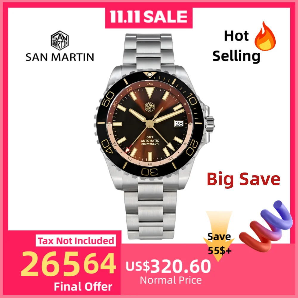 

San Martin 39mm Retro Enamel Sunray Dark Brown Dial Men Automatic NH34 GMT Watch 20Bar Wristwatch SLN C3 Green Lume Dive SN0136