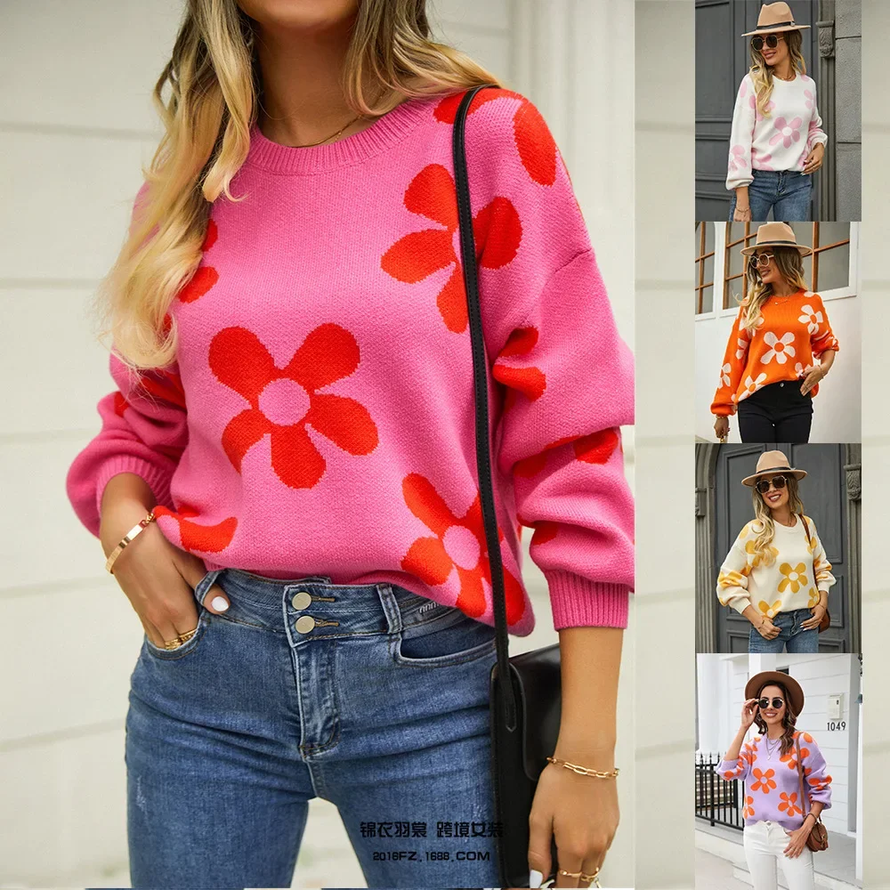 

Pullovers Women Knitted Sweaters Floral Print Round Neck Full Sleeve Jumpers Elegant Splice Autumn Winter Casual Knit Tops