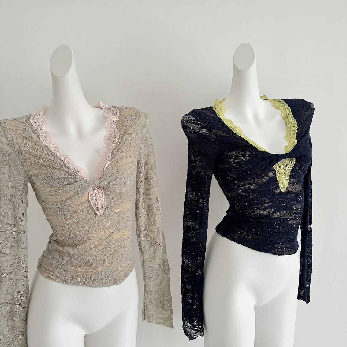 

Slim Fit Lace Long Sve V Ne Knot Bodysuit Trendy Top Pure Desirable Sexy Color Blo Base irt Autumn Winter New Sle