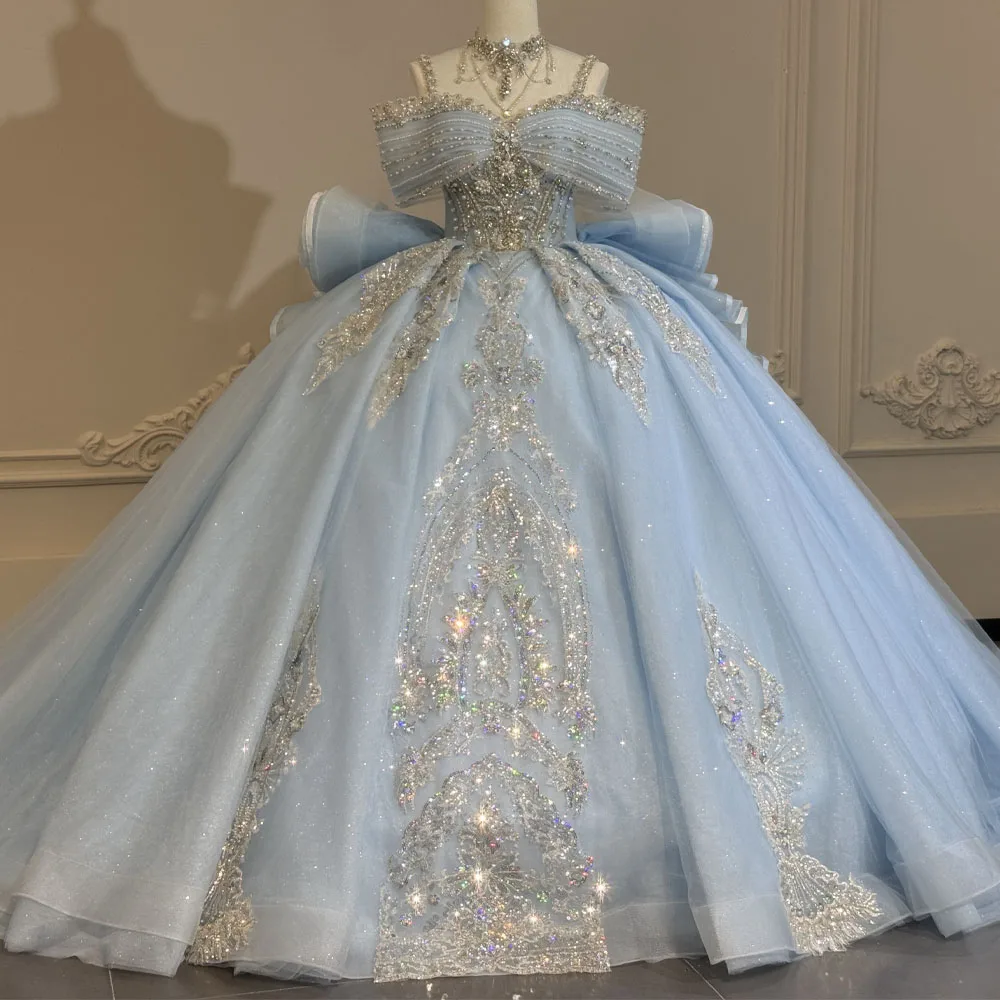 Charming Sky Blue Evening Dress High Off The Shoulder Lace Up Keyhole Back Bow Crystal Customized Prom Dress