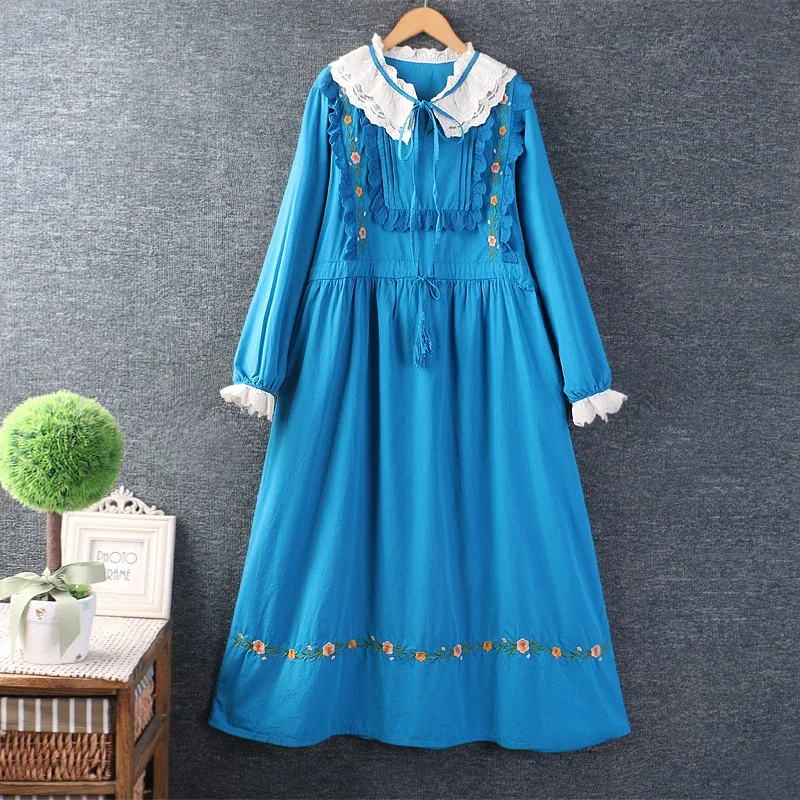 Spring Sweet Mori Girl Floral Embroidered Dress Women Long Sleeve Ruffle Peter Pan Collar Casual Loose Midi Dresses