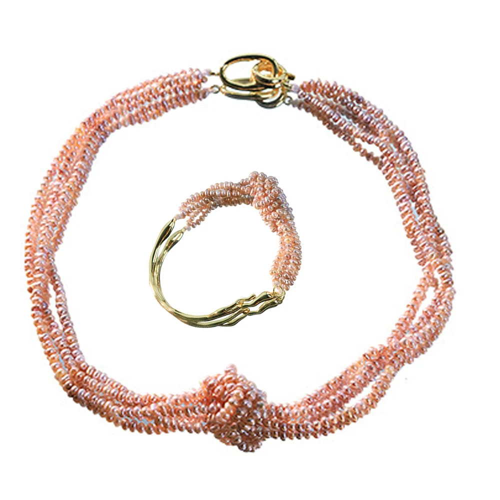 Purple Multi Layer Knotted Freshwater Pearl Necklace & Bracelet Set Elegant Jewelry for Women Beads Choker Collar Fashion Gifts