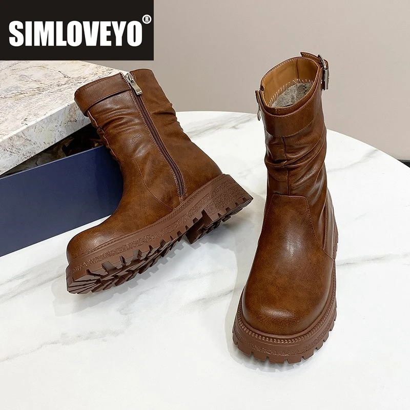 

SIMLOVEYO 2025 модные женские мотоциклетные ботинки на платформе, толстые каблуки 4,5 см, молния, пряжка ремня, маленький размер 31, 32, 33, ботильоны для отдыха