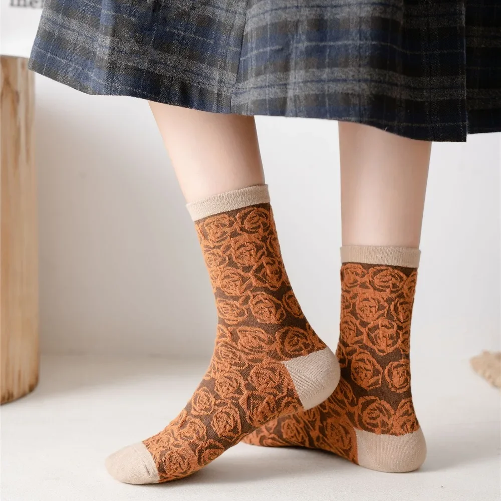 Ethnic Elastic Cotton Long Socks Vintage Women Socks Rose Flowers Embossment Harajuku Retro Streetwear Crew Socks Fashion Coffee