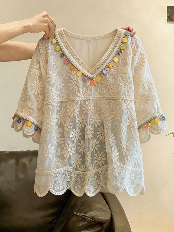 

New Chinese Style Large Size Embroidered Lace Shirt Women's Loose Slimming Top Summer Holiday Style Commute Fashion
