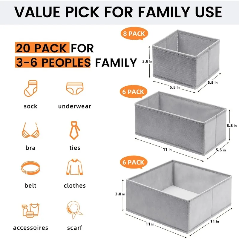 

20 Pack Drawer Organizer Bins - Grey Fabric Closet Organization and Storage Dividers for Baby Clothes, Adult Socks, Underwear