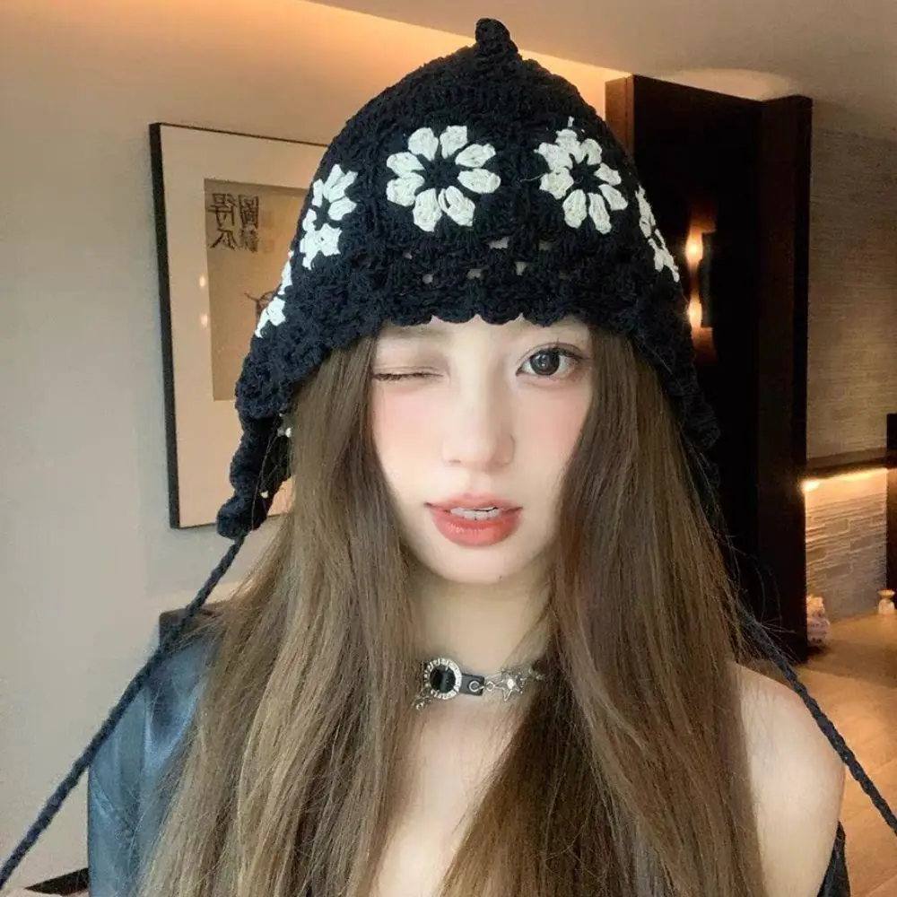 

Japanese Hand-woven Thin Knit Balacalava Hat Fashion Lace-up Headscarf Hat Ins Style Hollowed Out Knitted Hat Casual Bucket Hat