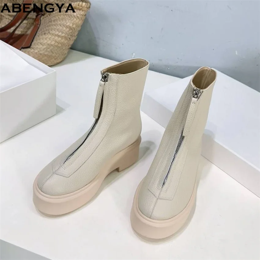 Hot Sales Thick Sole Short Boots Woman Platform Height Increasing Shoes Woman Front Zipper Genuine Leather Ankle Boots Women