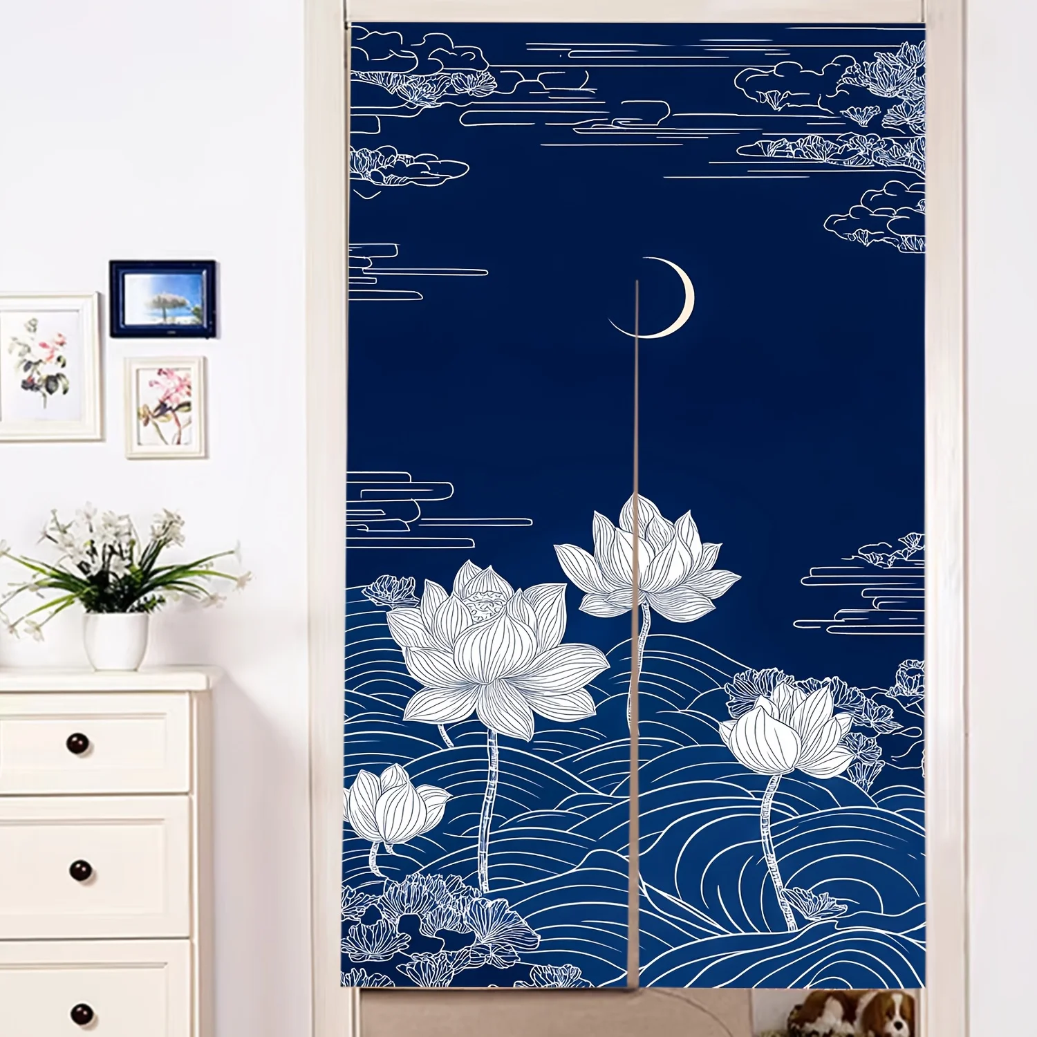 1pc Dark Blue Night for Lotus Zen Ink Style Door Curtain Smoke-Proof Partition for Bedroom & Kitchen, Artistic Satin Fabric