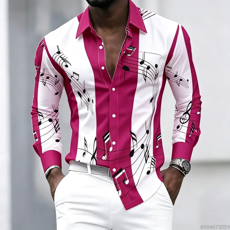 Men's Collared Shirt with Musical Note Print, Trendy