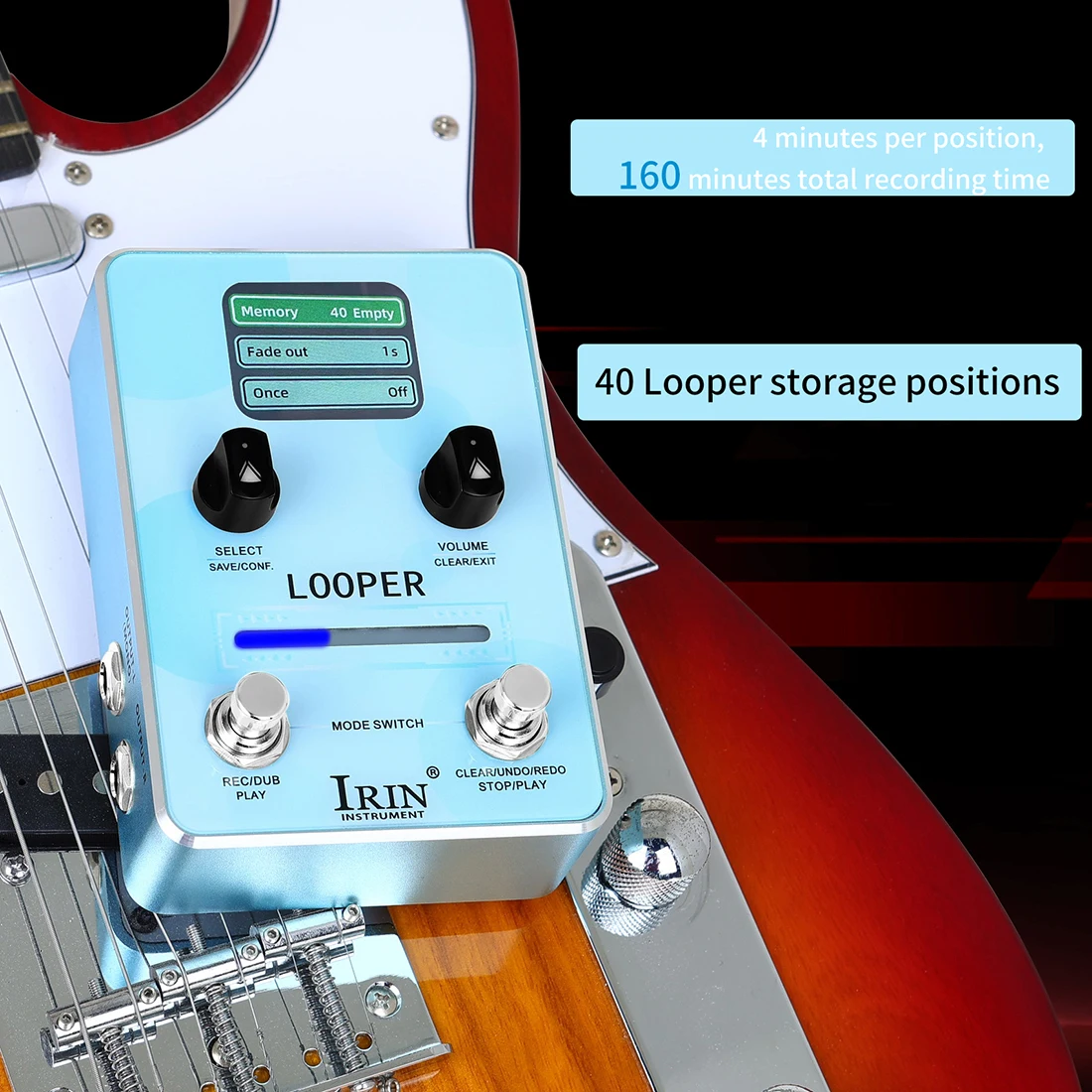 

IRIN XS-02 Guitar Looper Effect Pedal 40 Looper Storage Positions 160 Minutes Total Recording Time 44.1kHz 16bit Looper Pedal