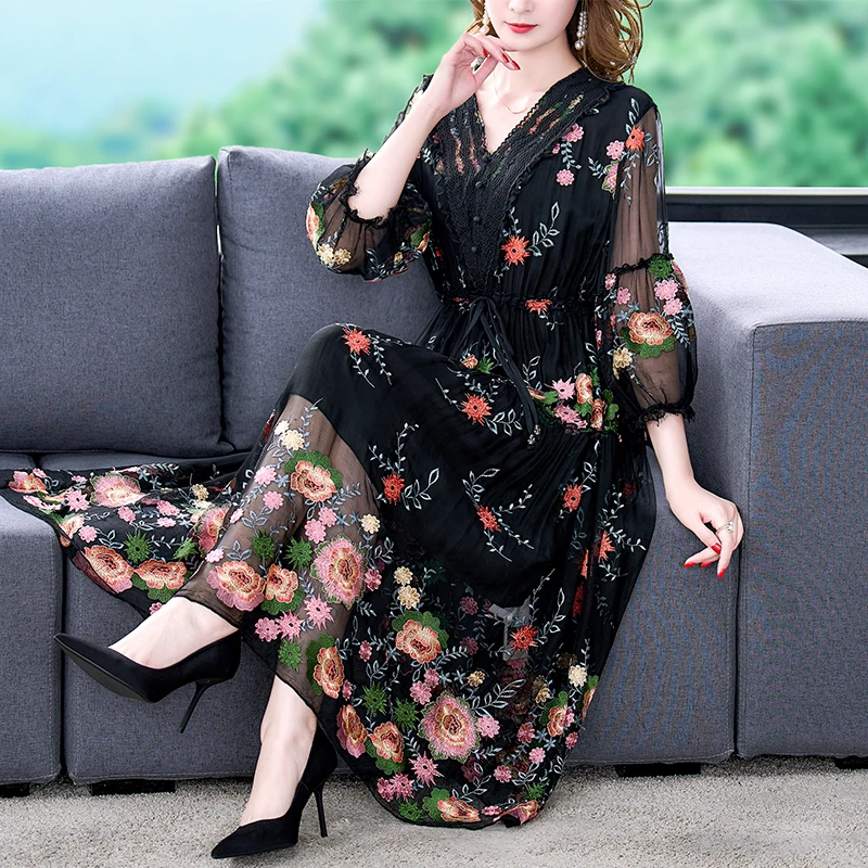 

Women Black Floral Natural Silk Embroidery Midi Dress Spring Summer Fahsion Casual Beach Maxi Sundress 2024 Elegnat Loose Dress