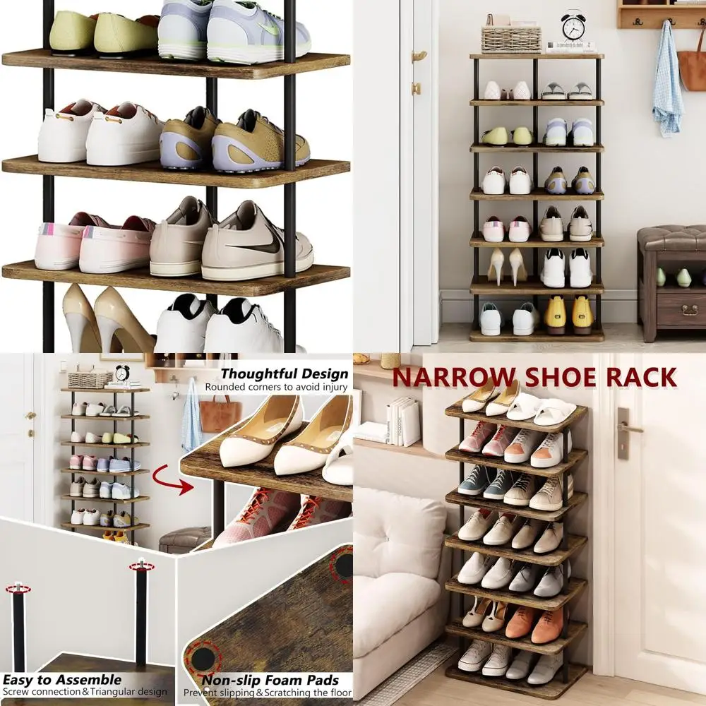 

7-Tier Vertical Shoe Organizer - Double Row Metal Slim Tower for Space-Saving Storage in Closet, Entryway, Bedroom, Black + Rust