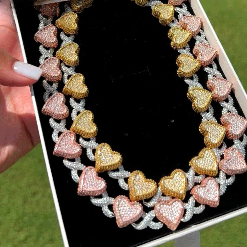 

New Unisex Heart-Shaped Zircon-Encrusted Hip-Hop Cuban Necklace and Bracelet - High-End luxury Jewelry.