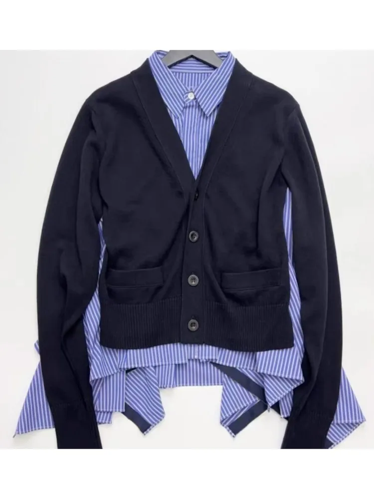 محبوك المرقعة الخريف سترة المرأة مخطط طباعة موديس غير النظامية كشكش مطوي السيدات بالأزرار معاطف سترة امرأة عادية #3