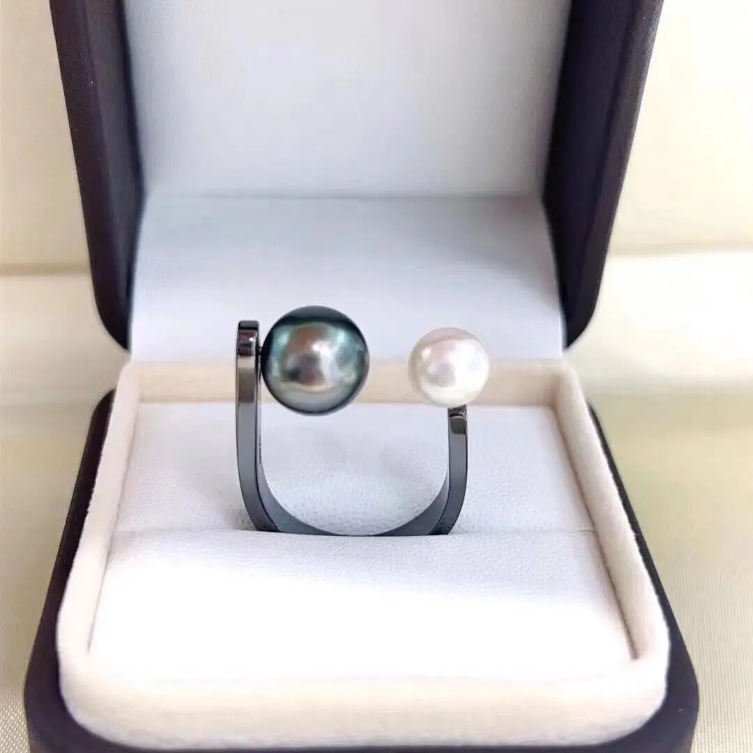 AAA 5-9mm natural round Tahitian south sea black white pearl ring  925 sterling silver ring  jewelry  rings for women