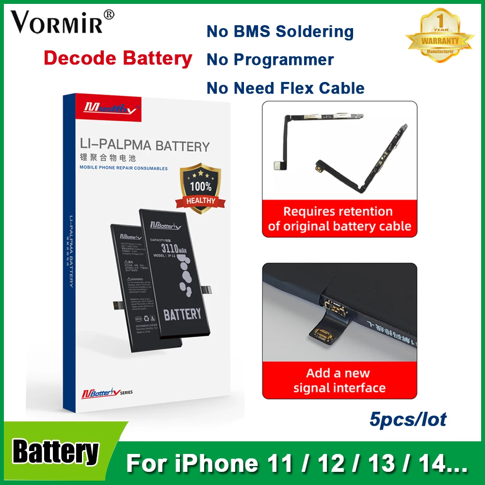 5pcs Decode Battery No BMS Soldering No Need Programmer for iPhone 11 12 13 14Pro Batteries Non Pop-up No Need Battery Cell/Flex