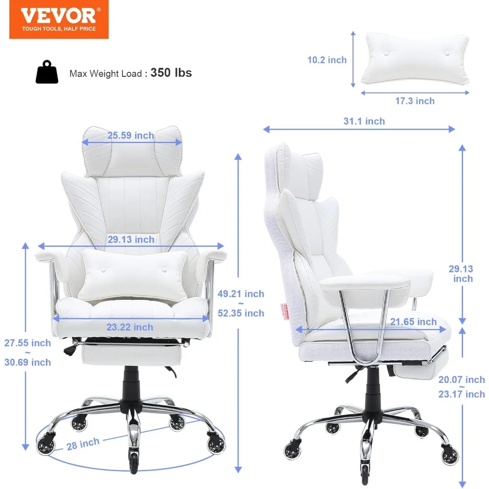 Reclining white office chair with footstool, PU leather wide computer chair with waist support, silent wheels with metal base