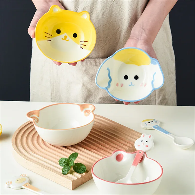 Cute Underglaze Ceramic Kids Bowl with Spoon Cartoon Baby Feeding Bowl for Rice Cereal Complementary Food Toddler Safe Tableware