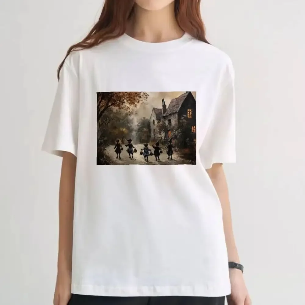 2026 Women Halloween Vintage Oil Painting Print T‑Shirt Casual Short Sleeve O-Neck Tee Graphic Top Fall Holiday Daily Wear Gift