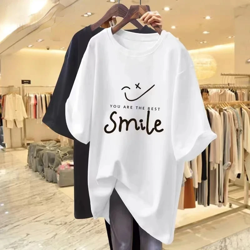 Fashion 2024 Summer Plus Size Cotton T-Shirt Women's Casual Soft O Neck Letter Printed T-Shirt Plus Size Short Sleeve T-Shirt