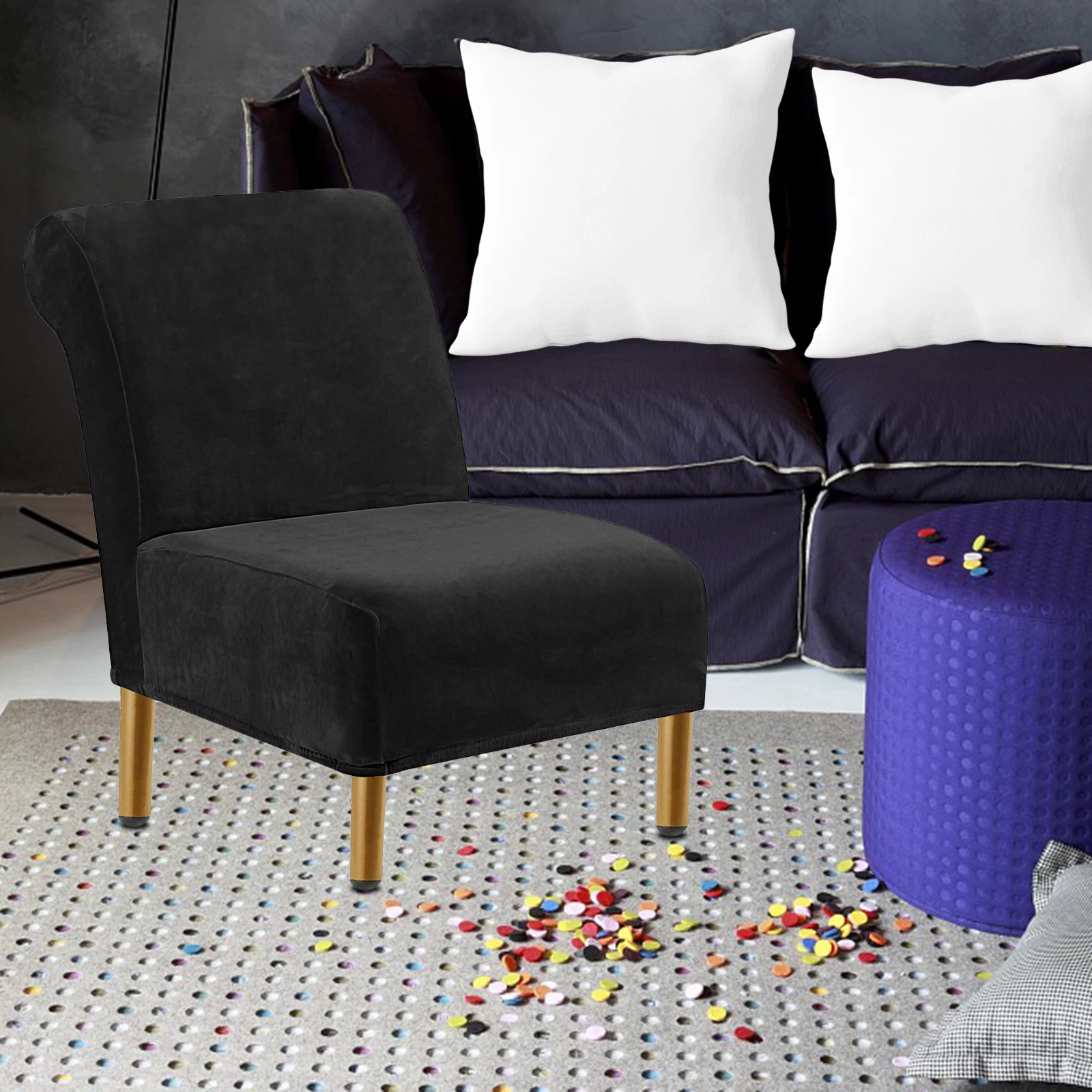 

Velvet Chair Cover Thick Stretchable Armless Slipcover Modern Elastic Bottom Machine Washable Black Dining Room Chairs Protector