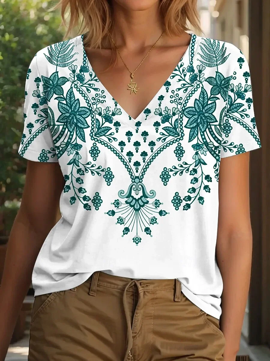 

Vintage Women T-Shirt Flower Graphic Print Summer Outdoor Casual V-Neck Short Sleeve T Shirt Fashion Female Plus Size Clothing