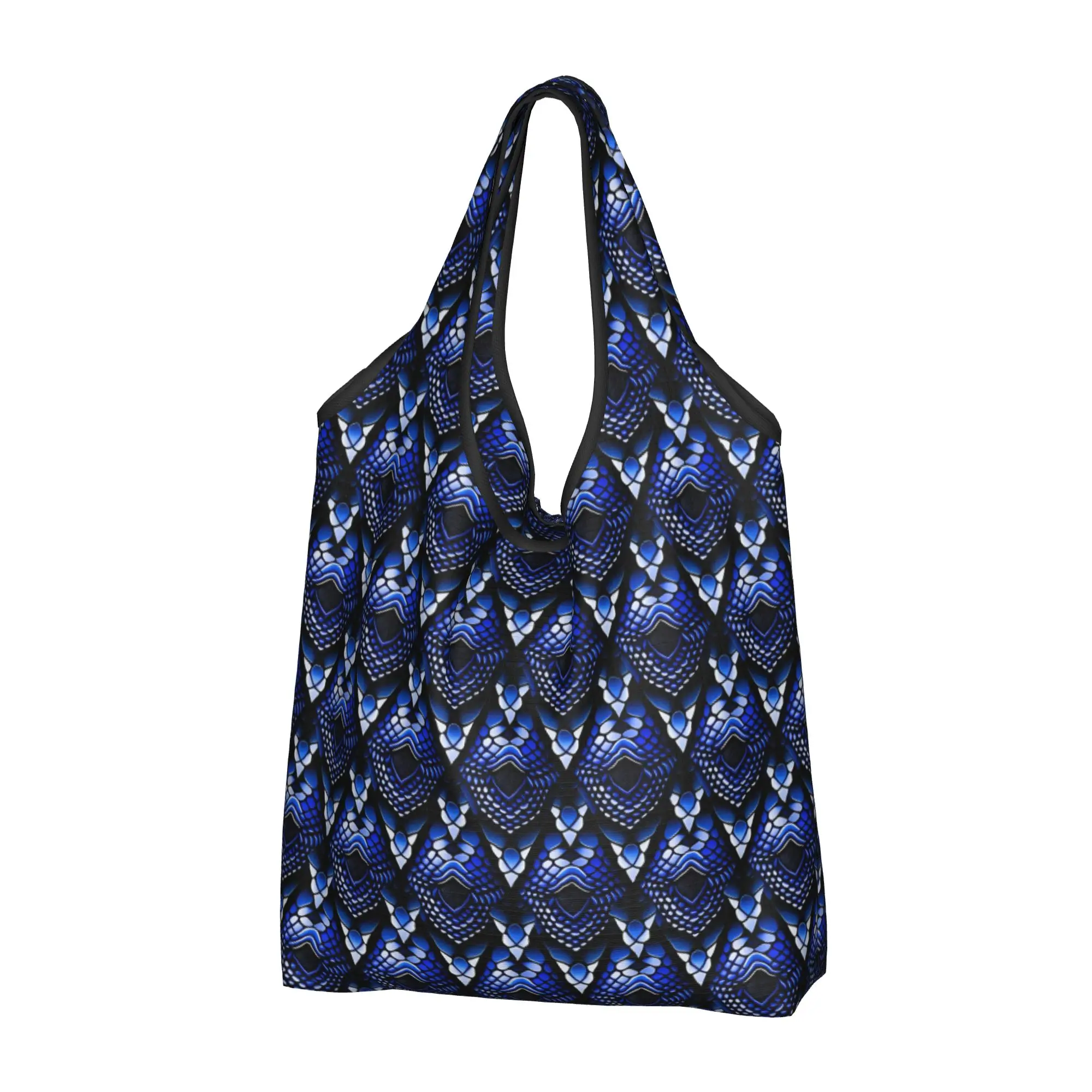 Reusable Snakeskin Dragon Skin    Shopping Bag Women Tote Bag Portable Fantasy Dinosaur Scales Dark Blue  Groceries Shopper Bags